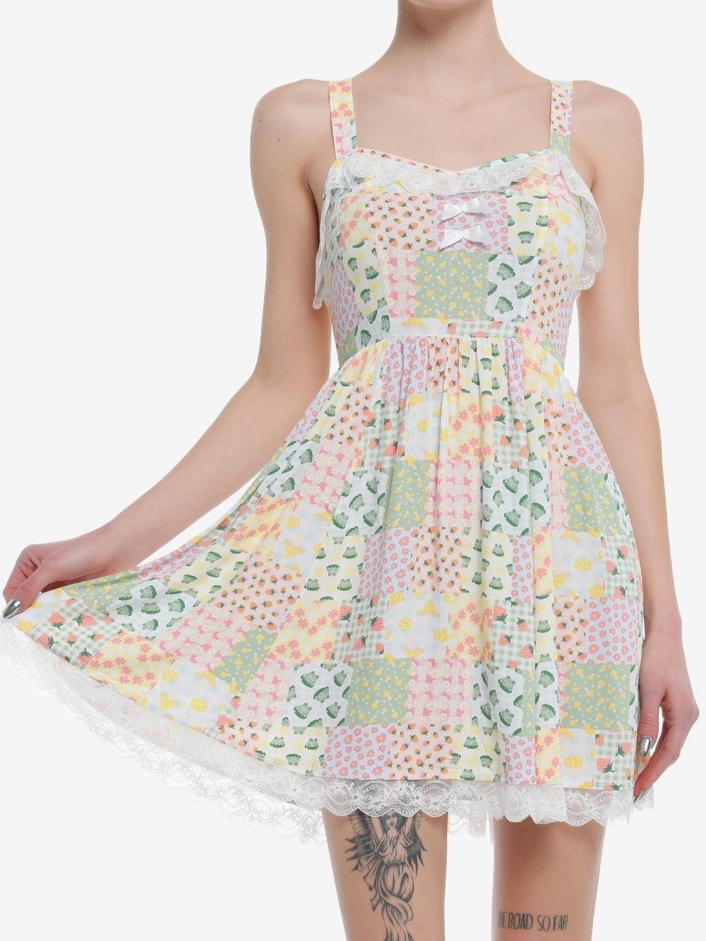 Pastel Patchwork Lace-Trim Mini Dress - White/Pastel